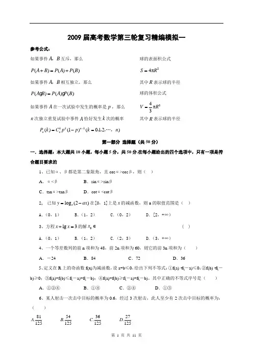 2009届高考数学第三轮复习精编模拟一