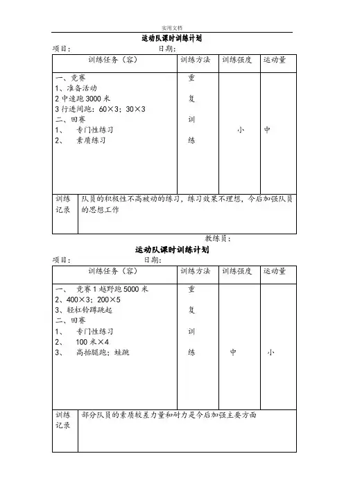 田径运动队课时训练计划清单
