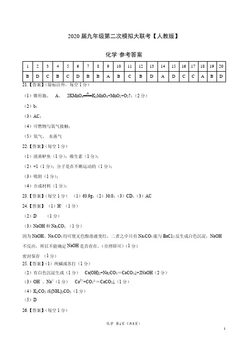 (人教版) 2020年九年级化学第二次模拟大联考(参考答案)