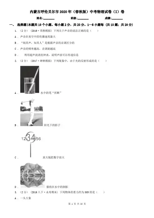 内蒙古呼伦贝尔市2020年(春秋版)中考物理试卷(I)卷