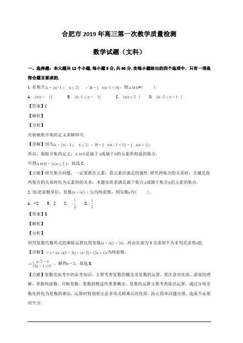 安徽省合肥市2019届高三一模数学(文)试题 含解析