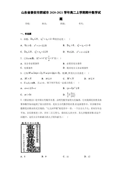 山东省泰安市肥城市2020-2021学年高二上学期期中数学试题