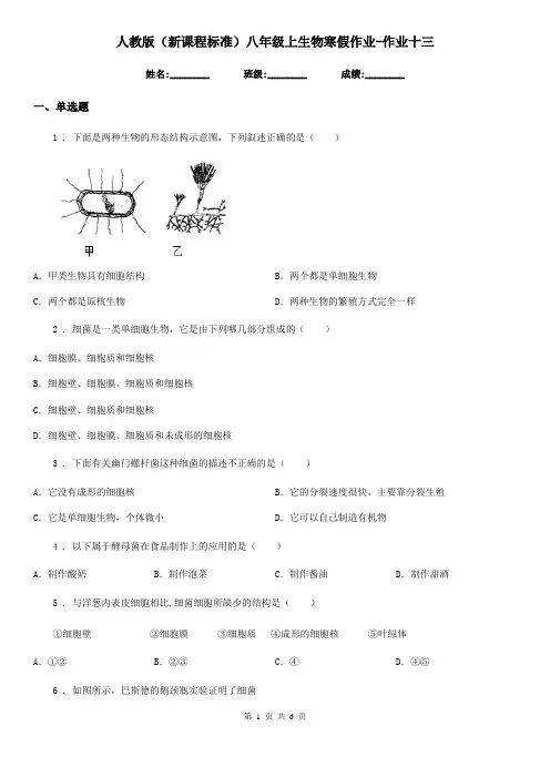 人教版(新课程标准)八年级上生物寒假作业-作业十三