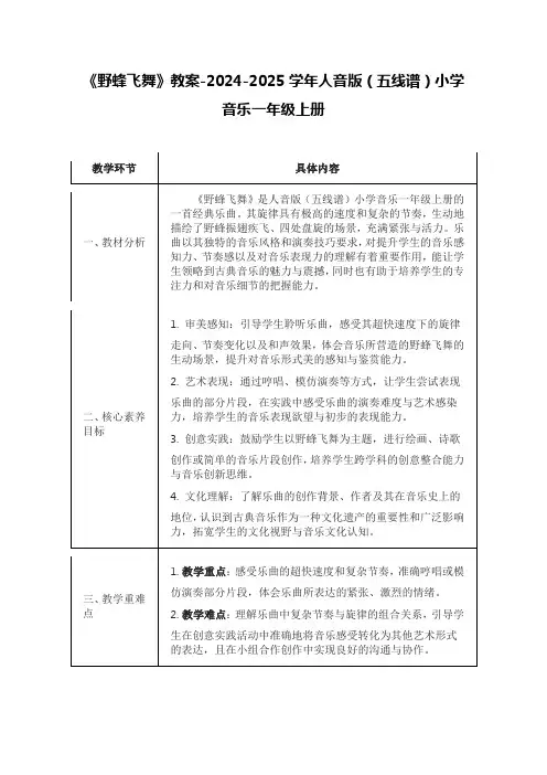 《野蜂飞舞》教案-2024-2025学年人音版(五线谱)小学音乐一年级上册