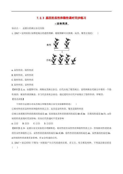 人教版八年级生物下册同步练习基因的显性和隐性