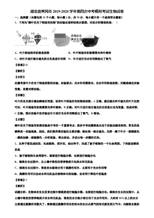湖北省黄冈市2019-2020学年第四次中考模拟考试生物试卷含解析