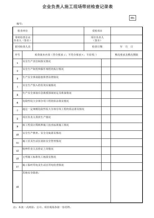 企业负责人施工现场带班检查记录表