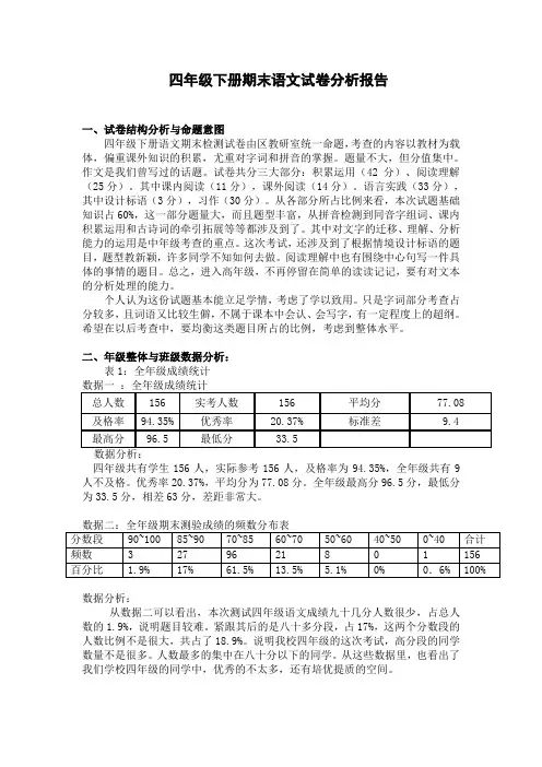 四年级下册期末语文质量分析报告
