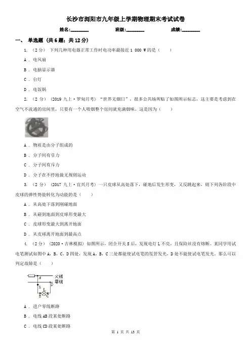 长沙市浏阳市九年级上学期物理期末考试试卷