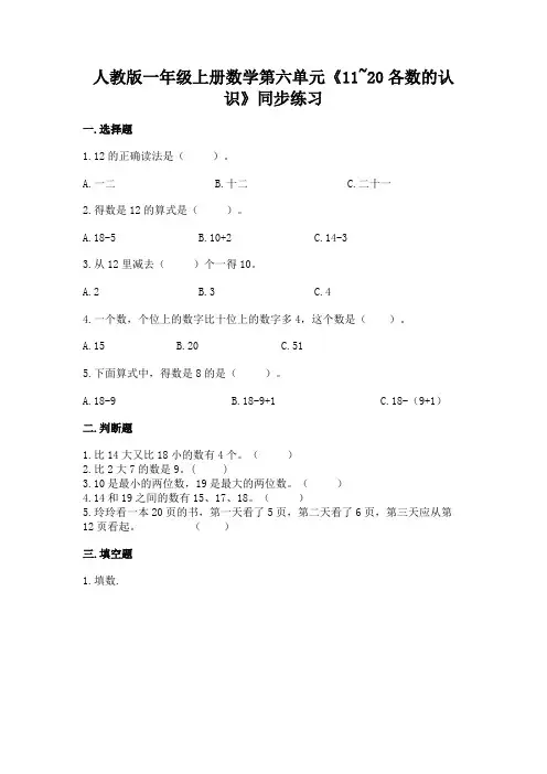 人教版数学一年级上册 第六单元《11~20各数的认识》同步练习(含答案)