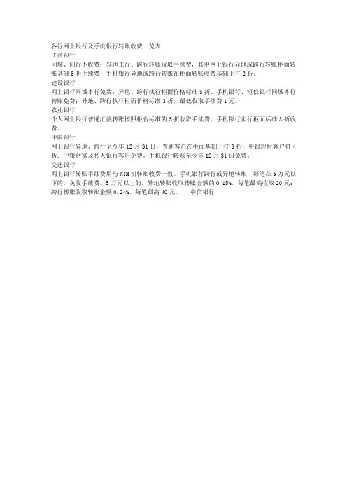 各行网上银行及手机银行转账收费一览表