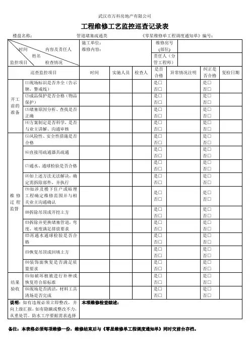 2-08管道堵塞维修工艺监控巡查记录表
