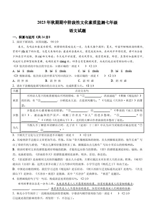 河南省南阳市唐河县2023-2024学年七年级上学期期中语文试题(含答案)