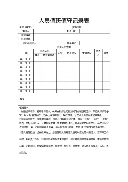 人员值班值守记录表模板