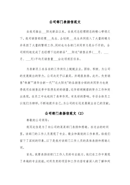 公司部门表扬信范文（2篇）