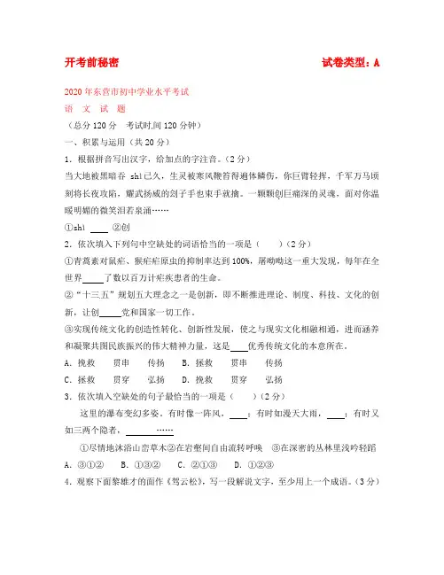 山东省东营市2020年中考语文真题试题(含答案)(通用)