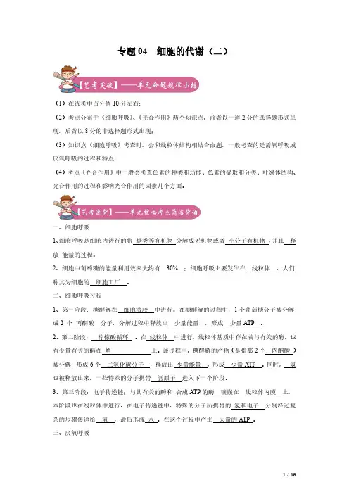 2020年高考学考 选考生物艺体生冲刺系列(浙科版)专题04 细胞的代谢(二)(解析版)