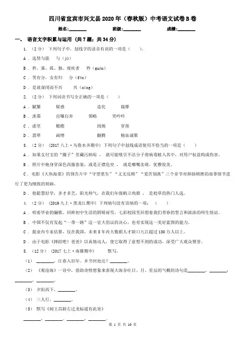 四川省宜宾市兴文县2020年(春秋版)中考语文试卷B卷