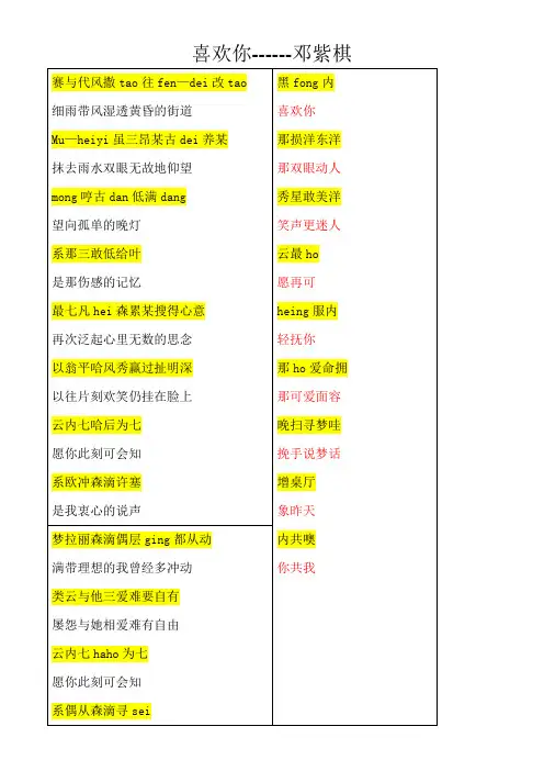 《喜欢你》粤语谐音发音歌词邓紫棋