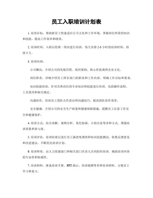 员工入职培训计划表