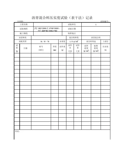 沥青混合料压实度试验(表干法)记录