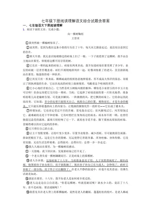 七年级下册阅读理解语文综合试题含答案