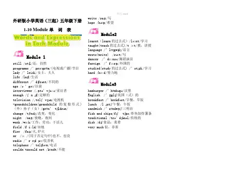 外研版小学英语(三起)五年级下册单词表含音标