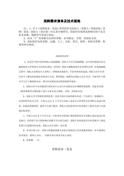 采购需求清单及技术规格