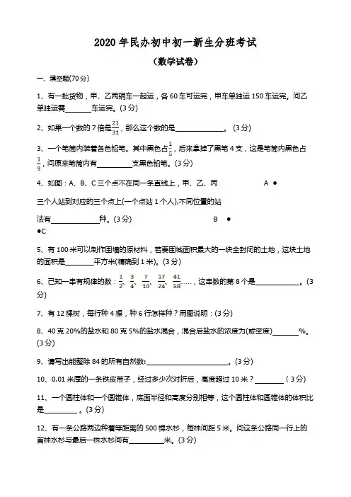 2020年民办中学初一新生分班考试语文数学整套试卷及答案 2