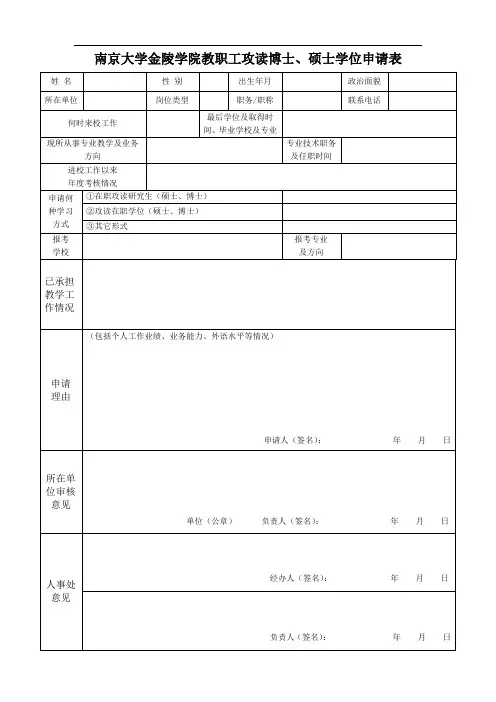 南京大学金陵学院教职工攻读博士、硕士学位申请表
