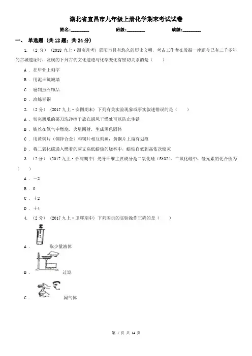 湖北省宜昌市九年级上册化学期末考试试卷