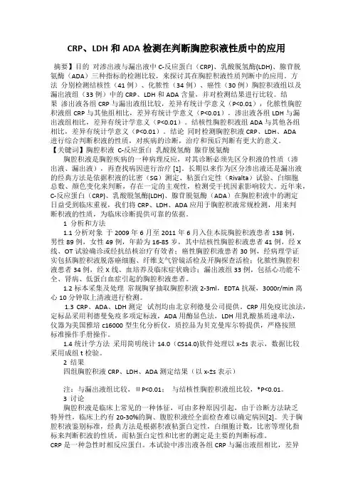 CRP、LDH和ADA检测在判断胸腔积液性质中的应用