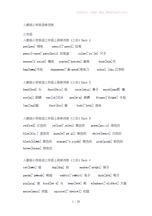 人教版小学3-6年级英语单词表已A4排版可直接打印
