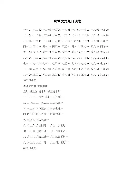珠算大九九口诀表