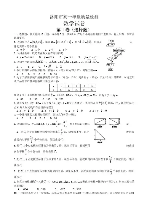 河南省洛阳市高一下期末考试数学试卷有答案