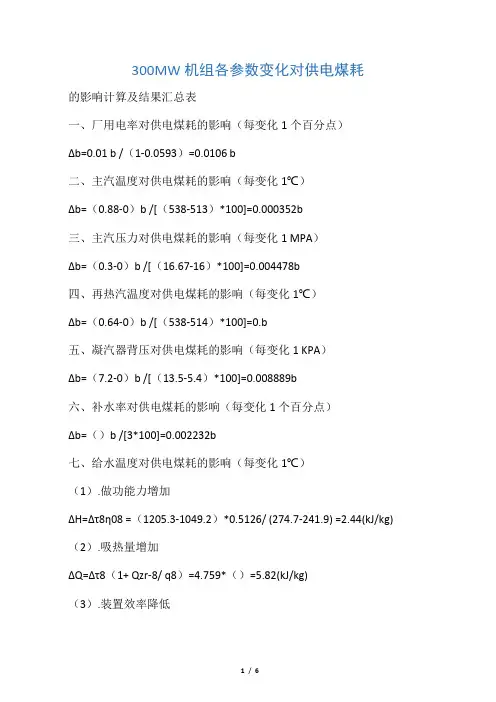 300MW机组各参数变化对供电煤耗