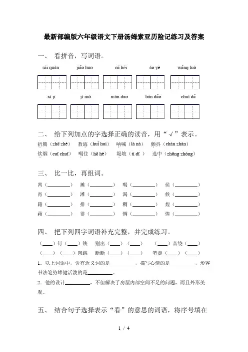 最新部编版六年级语文下册汤姆索亚历险记练习及答案