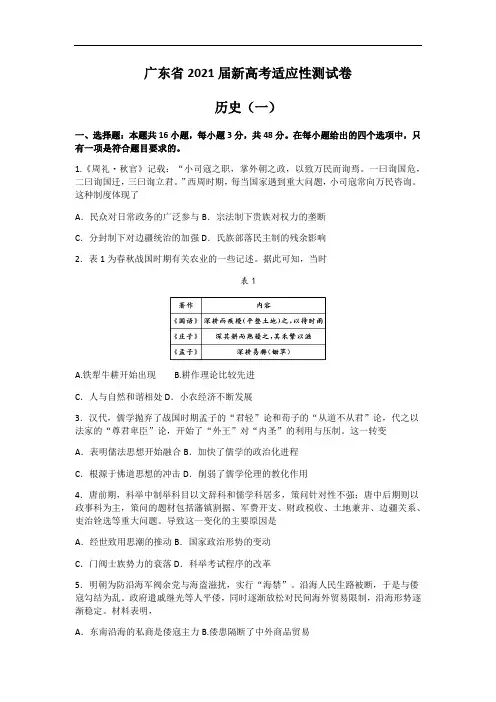 2021届新高考适应性测试卷历史试题 (含答案)