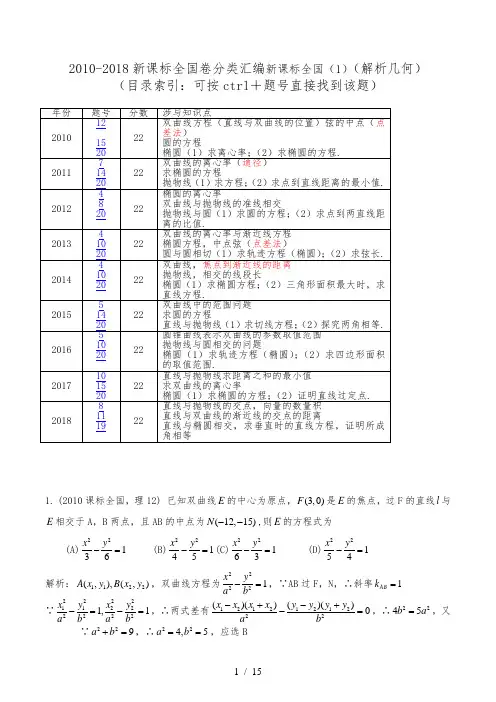 2010-2018全国卷分类汇编(解析几何)1卷索引版