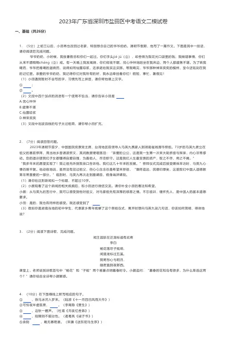 初中语文 中考语文练习题2023年广东省深圳市盐田区中考语文二模试卷
