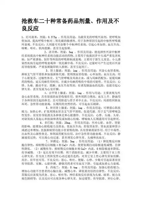 抢救车二十种常备药品剂量、作用及不良反应
