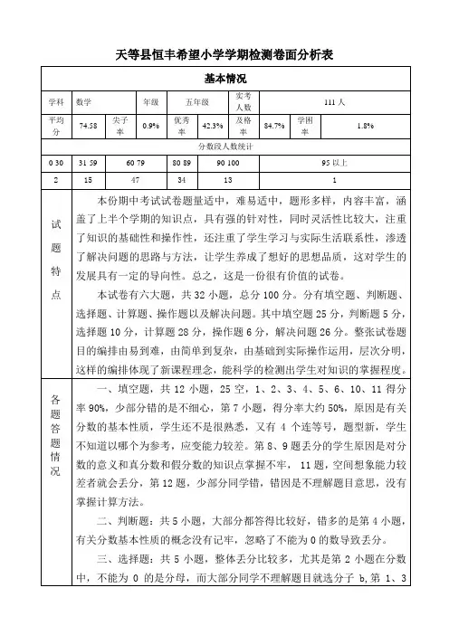 五年级数学试卷分析表