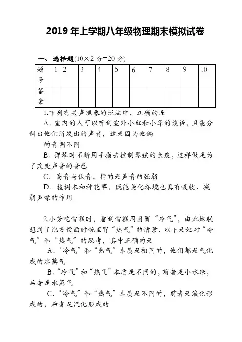 2019年上学期八年级物理期末模拟试卷