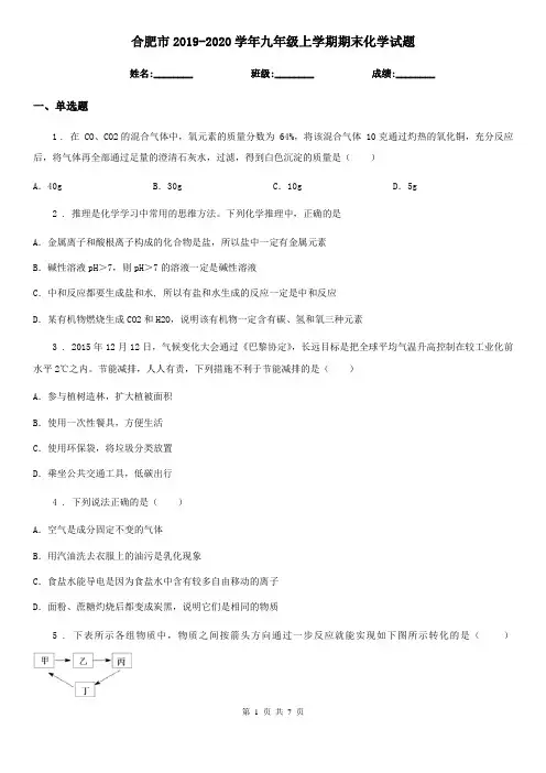 合肥市2019-2020学年九年级上学期期末化学试题