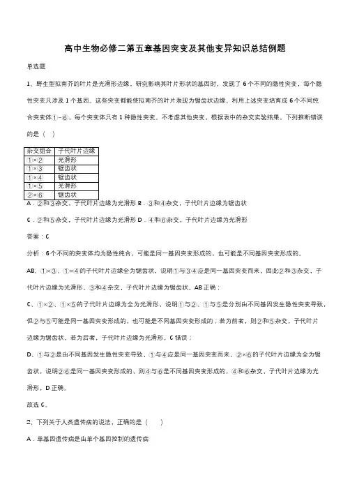 高中生物必修二第五章基因突变及其他变异知识总结例题(带答案)