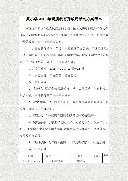 某小学2018年素质教育开放周活动方案范本
