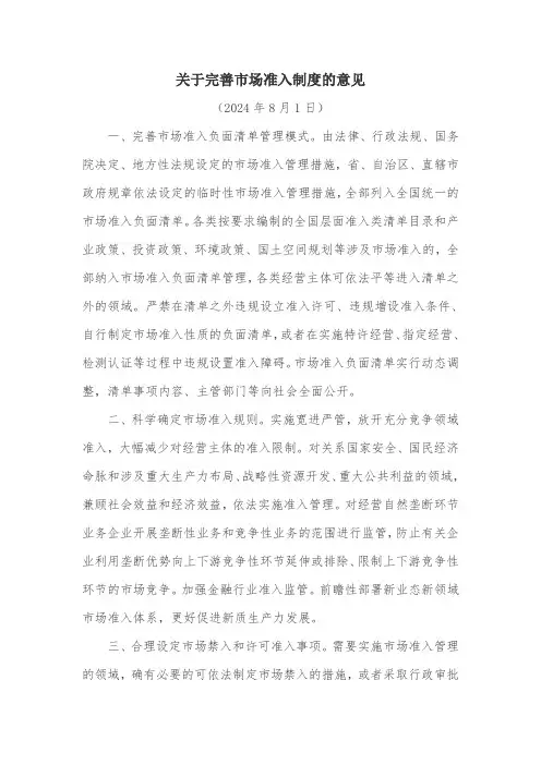 关于完善市场准入制度的意见