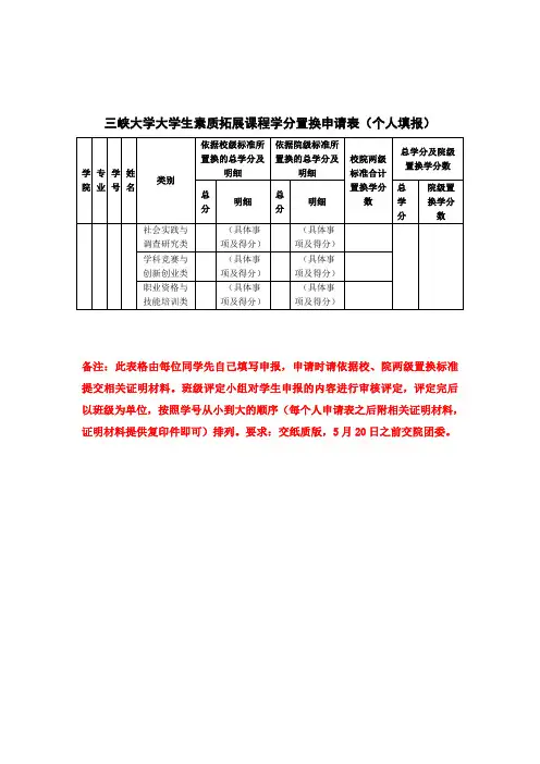 三峡大学大学生素质拓展课程学分置换申请表(个人) (1)