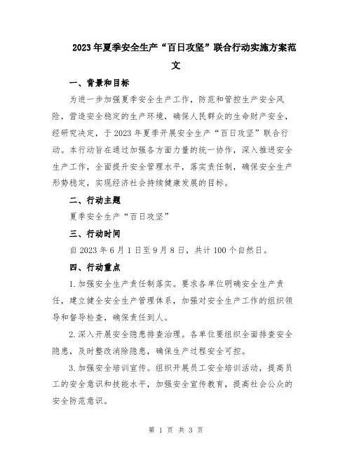 2023年夏季安全生产“百日攻坚”联合行动实施方案范文
