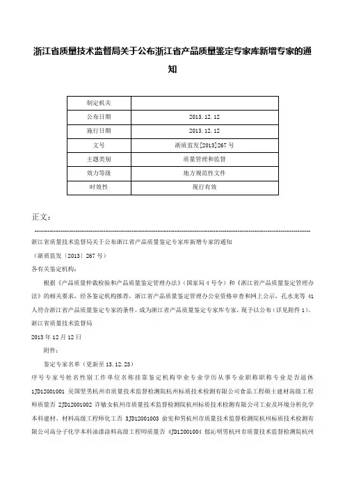 浙江省质量技术监督局关于公布浙江省产品质量鉴定专家库新增专家的通知-浙质监发[2013]267号